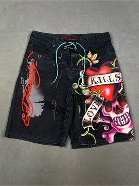 Ed Hardy Black Swim Board Shorts with Neon Heart & Skull Artwork